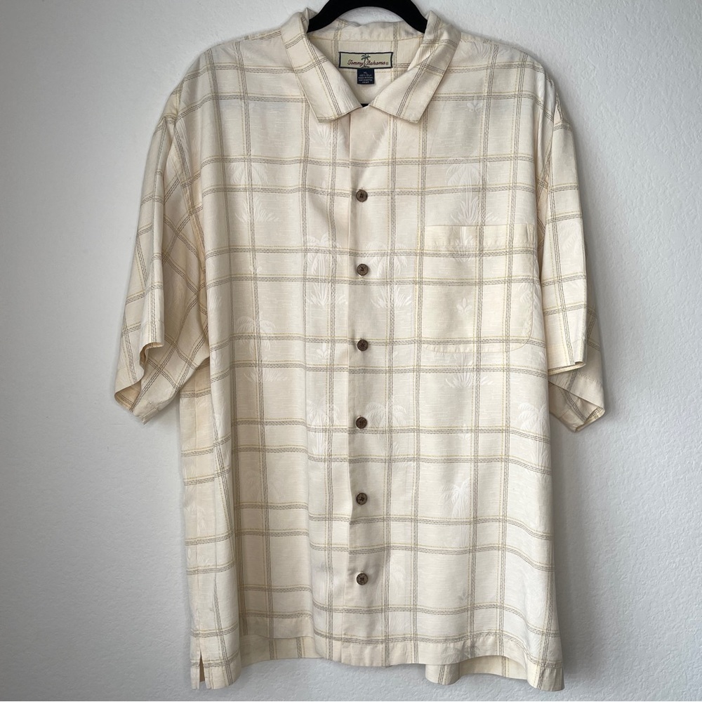 Tommy Bahama Pale Yellow 100% Silk Mens Tropical Button Down Palm Tree Shirt